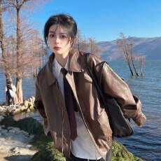 批发港风复古高级感机车皮衣夹克<b class='q'>男</b>女春秋季潮牌宽松痞帅翻领<b class='q'>休闲</b>外套