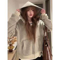 批发美式复古韩系连帽<b class='q'>卫衣</b>外套女秋季慵懒风宽松条纹撞色<b class='q'>开衫</b>百搭上衣
