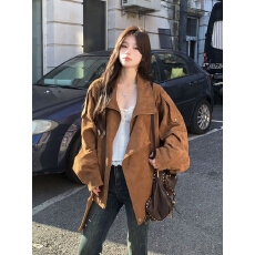 批发新款麂皮绒机车美拉德夹克外套女秋冬复古休闲宽松慵懒翻领廓形感