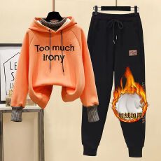 批发保暖加绒套装冬季重工假两件卫衣女搭配束脚哈伦<b class='q'>休闲</b>裤卫裤两件套