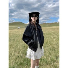 批发美式高级感复古黑色皮衣外套设计拉链开衫宽松小个子夹克上衣