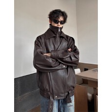 批发美式复古棕色皮衣外套男高级感痞帅<b class='q'>春</b>秋飞行员夹克古着立领机车服