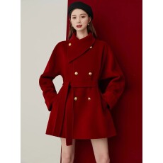 批发独特超好看圣诞红外套女2025秋冬季新款设计感小个子短款呢子大衣