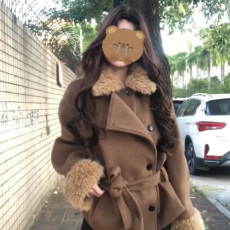 复古咖色毛呢外套女秋冬2025新款设计感绑带休闲宽松百搭呢子大