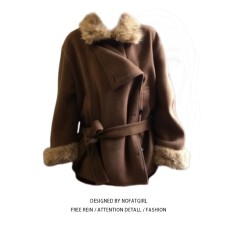 大码胖妹妹高级感韩系毛领加厚毛呢外套女秋冬慵懒风宽松系带大衣