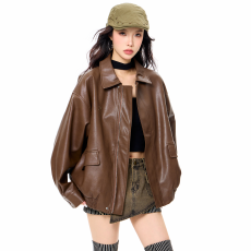 批发美拉德棕色机车风嘻哈皮衣外套女2025秋冬复古美式PU小个子夹克