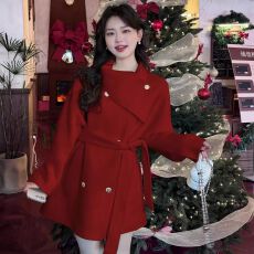 2025秋冬新款千金风呢子大衣女韩版中长款围脖领系带毛呢外套