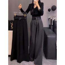 批发高级感黑色西装裤女秋冬加绒加厚毛呢阔腿裤直筒宽松垂感拖地长裤