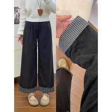 批发灰色毛呢休闲裤女冬季加绒大码胖妹妹梨型身材宽松显瘦卷边阔腿裤