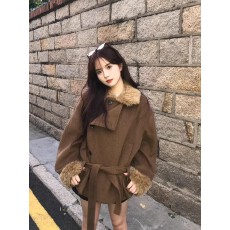 批发法式复古毛绒翻领毛呢<b class='q'>外套</b><b class='q'>女</b>冬季新款百搭保暖设计感收腰呢子大衣