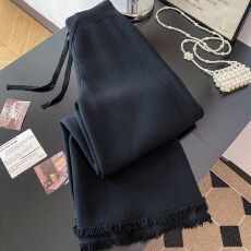 批发燕麦色软糯针织裤子女秋冬高腰垂感阔腿裤直筒休闲流苏微喇拖地裤