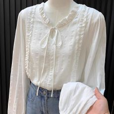 法式花边领系带白色衬衫女春秋新款高级感温柔风气质别致长袖上衣