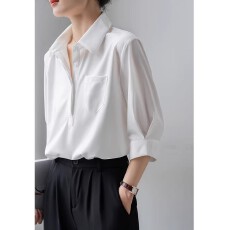 批发七分袖Polo领衬衫<b class='q'>女装</b>夏季新款白色正装通勤职业衬衣面试洋气<b class='q'>上衣</b>