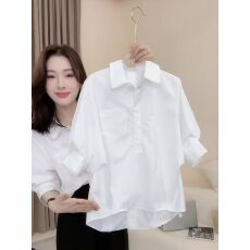 批发春夏新款法式时尚洋气上衣小个子白色七分袖宽松衬衫女夏衬衣