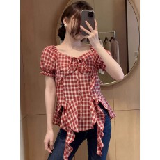 批发大码甜辣风方领<b class='q'>格子</b>短袖<b class='q'>衬衫</b>女夏季微胖MM韩版泡泡袖独特别致上衣