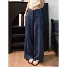 批发藏青色亚麻苎麻阔腿裤女秋季薄款高腰老钱风西装直筒棉麻休闲裤子