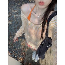 批发长袖t恤女防晒衫夏季宽松条纹罩衫度假慵懒风辣妹上衣吊带两件套