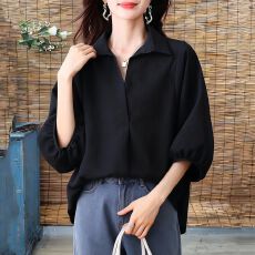 批发气质翻领套头七分袖设计宽松遮肉女装衬衣2026夏季新品黑色大码T