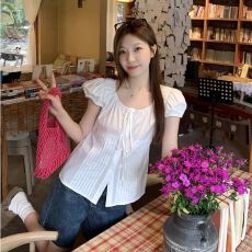批发系带法式泡泡白色韩系设计短袖衬衫夏季新款显瘦遮肉开衫<b class='q'>上衣</b>ins