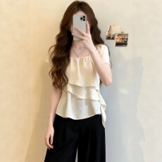 批发大码荷叶边方领雪纺短袖衬衫女夏季2026新款胖mm宽松显瘦漂亮上衣