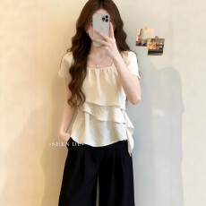 批发胖mm大码荷叶边方领雪纺<b class='q'>短袖</b>衬衫女夏季2026新款宽松显瘦漂亮上衣