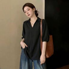 批发大码<b class='q'>夏</b>季黑色翻领七分袖衬衫女2026新款胖MM显瘦宽松时尚洋气上衣