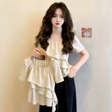 批发轻奢感荷叶边方领短袖衬衫女夏季大码胖MM设计感时尚宽松显瘦上衣