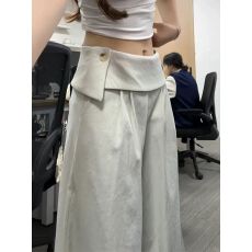 批发慵懒水泥灰屁帘阔腿裤女<b class='q'>夏季</b>高腰垂感设计感小个子褶皱西装休闲裤