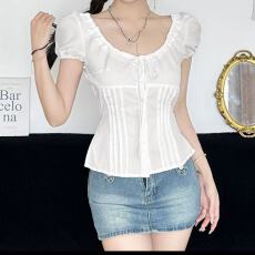 批发白色衬衫女2026夏季设计感洋气时尚V领系带减龄显瘦百搭短款上衣