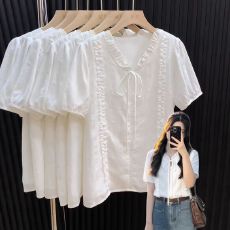 批发<b class='q'>韩</b>系木耳花边白色衬衫女夏季2026新款设计感小众气质系带短袖上衣