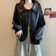 批发美拉德咖色正肩皮衣外套女2026早秋季大码胖mm显瘦高级感外搭上衣