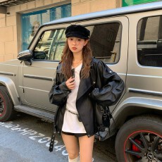 批发有内里黑色皮衣外套女2025新款酷飒风美式机车蛋白皮宽松立领