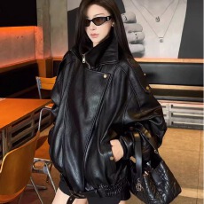 批发【有内里】高级黑色皮衣外套女秋酷飒风宽松蛋白皮机车服立领夹克