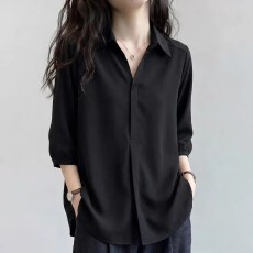 批发高级感欧货黑色V领正肩短袖衬衫女2026夏季新款大码胖mm显瘦上衣