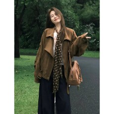 批发美拉德复古麂皮绒机车外套女秋季宽松翻领气质夹克慵懒廓形感上衣