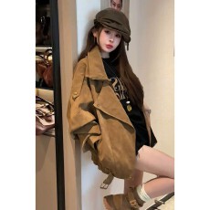 批发美拉德复古棕色机车麂皮外套女<b class='q'>春</b>季高级感宽松翻领廓形感夹克上衣