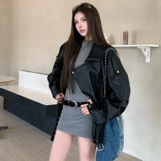 批发2026秋新款黑色酷飒风皮衣外套女宽松pu机车美式超火小个子皮夹克