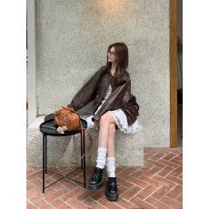 批发棕色pu皮衣外套女高级感2026秋季新款小个子复古机车夹克服长袖
