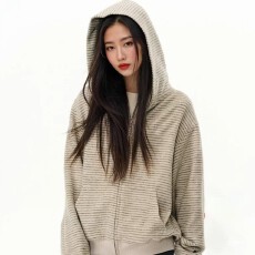 批发【原版面料】美式复古cleanfit连帽<b class='q'>卫衣</b>女重磅慵懒风条纹开衫外套