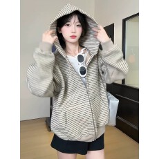韩系条纹拉链开衫外套女2026新款秋季设计感小众宽松慵懒风卫衣潮