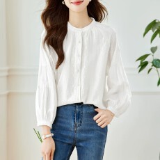 批发法式复古<b class='q'>灯笼袖</b>提花刺绣<b class='q'>衬衫</b>女2026春秋新款薄款圆领长袖<b class='q'>衬衣</b>
