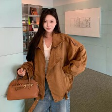 批发咖色复古皮衣外套女秋冬新款酷飒风百搭机车服上衣