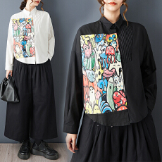 批发2025秋季新款复古风纯色印花<b class='q'>衬衫</b>长袖拼接褶皱POLO领通勤胖MM<b class='q'>衬衫</b>