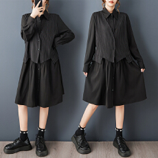 批发2026春季新款复古港风黑色连衣裙条纹假两件套褶皱拼接设计款女裙