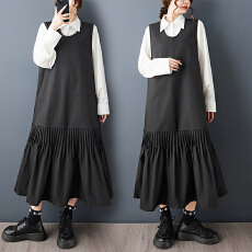 2026春季新款复古风黑色长款背心裙拼接压褶设计款宽松百搭连衣裙