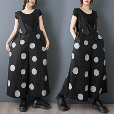 批发2026春夏新款复古港风黑色波点<b class='q'>背带裤</b>设计感印花时尚胖MM阔腿裤女