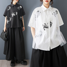 批发2026夏季新款复古风纯色<b class='q'>衬衫</b>短袖设计感印花拼接网纱宽松胖MM上衣