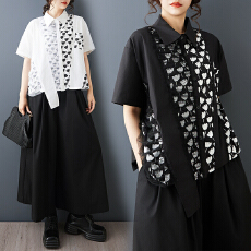 批发2026夏季新款复古纯色<b class='q'>衬衫</b>短袖设计感不规则拼接印花网纱胖MM上衣