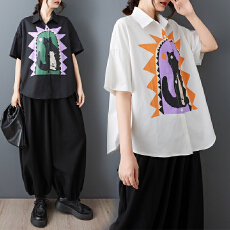 批发2026新款夏季复古风纯色短袖<b class='q'>衬衫</b>设计款印花宽松通勤显瘦女上衣