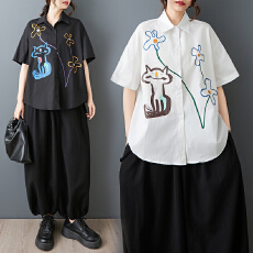 批发2026夏季新款复古风纯色短袖<b class='q'>衬衫</b>设计款卡通印花通勤显瘦女上衣